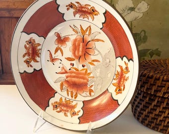 Vintage Large Oriental Porcelain and Brass Bowl/Wall Art, Chinoiserie Red Porcelain and Brass Dish, Wall Gallery Decor