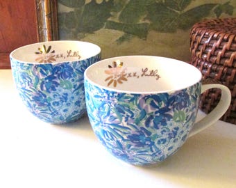 Lilly Pulitzer Pair of Boxed Set Of Large Scale Mugs, Vintage Gift Mug Set, Blue Chintzware Mugs, Valentine's Day Gift
