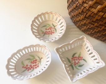 Andrea by Sadek Trio of Mini Decorative Bowls, Hand Painted Holly Reticulated Porcelain Trinket Dishes, Round, Oval and Square Tiny Bowls