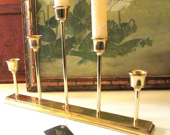 Vintage Parylite Brass Five Arm Candle Holder, Mantel Decor, Holiday Brass Decor, Graduated Five Taper Candle Holder