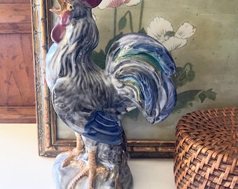 Vintage Majolica Style Rooster Figurine, French Country Decor, Farmhouse Kitchen