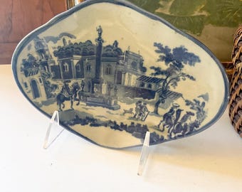 Vintage Victoria Ware, Reproduction Blue Transferware Footed Dish, Decorative Blue and White Tray, Home Office Decor, Catchall or Soap Dish