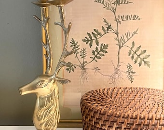 Vintage Brass Deer Head Candelabra, Candlestick Holder, Christmas Mantel Decor, Xmas Brass