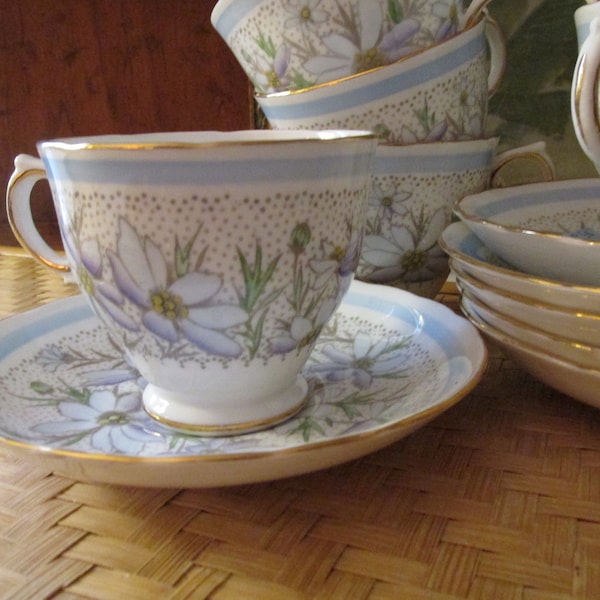 Four English Tuscan Teacups and Saucers, "Devon" Pattern, Chintzware Fine Bone China Cups