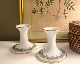 Vintage Christmas Fitz and Floyd “St Nicholas” Candlestick Holders, Holiday Low Candle Holders