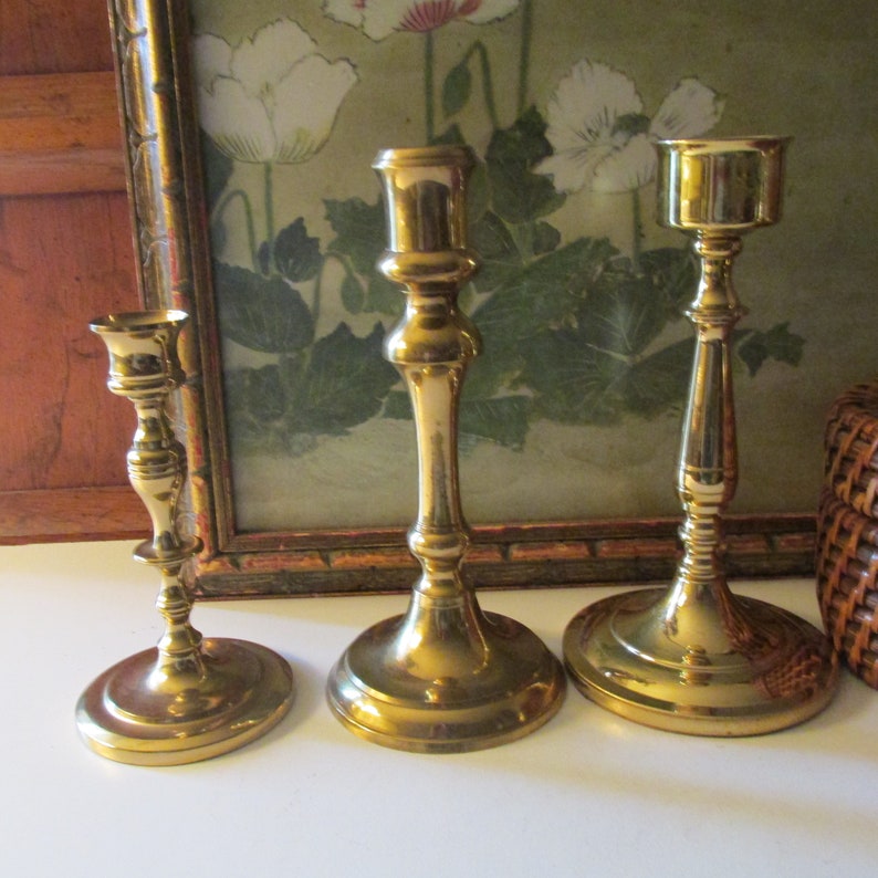 Three Vintage Brass Candlestick Collection, Trio of Mixed Candleholders, Baldwin Brass, Mantel Decor, Hollywood Regency, Brass Decor image 9