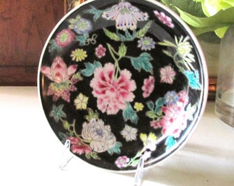 Vintage Oriental Floral Pin Dish, Round Trinket Tray, Chinoiserie Gift