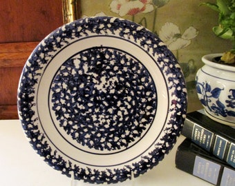 Vintage Four Italian Blue and White Plate, Spatterware, Spongeware Dinner Plates, Italian Pottery Dinnerware, Farmhouse Chic