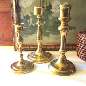 Three Vintage Brass Candlestick Collection, Trio of Mixed Candleholders, Baldwin Brass,  Mantel Decor, Hollywood Regency, Brass Decor