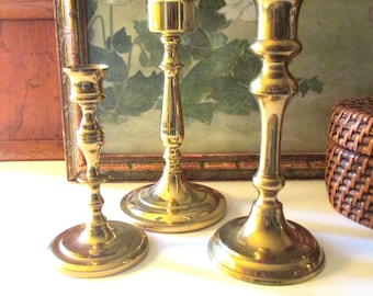 Three Vintage Brass Candlestick Collection, Trio of Mixed Candleholders, Baldwin Brass,  Mantel Decor, Hollywood Regency, Brass Decor