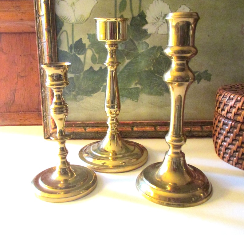 Three Vintage Brass Candlestick Collection, Trio of Mixed Candleholders, Baldwin Brass, Mantel Decor, Hollywood Regency, Brass Decor image 1