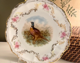 Vintage PM Bavaria Pheasant Bird Plate, Gilded Porcelain Wall Gallery Decor