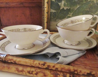 Four Vintage Lenox Springdale Teacup and Saucer, Platinum Band, Footed Cup and Saucer, Wedding China, 1970's Dinnerware