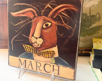 Vintage 1988 Nancy Thomas March Hare Wall Print, Original Print Metal Wall Plaque, Folk Art Rabbit
