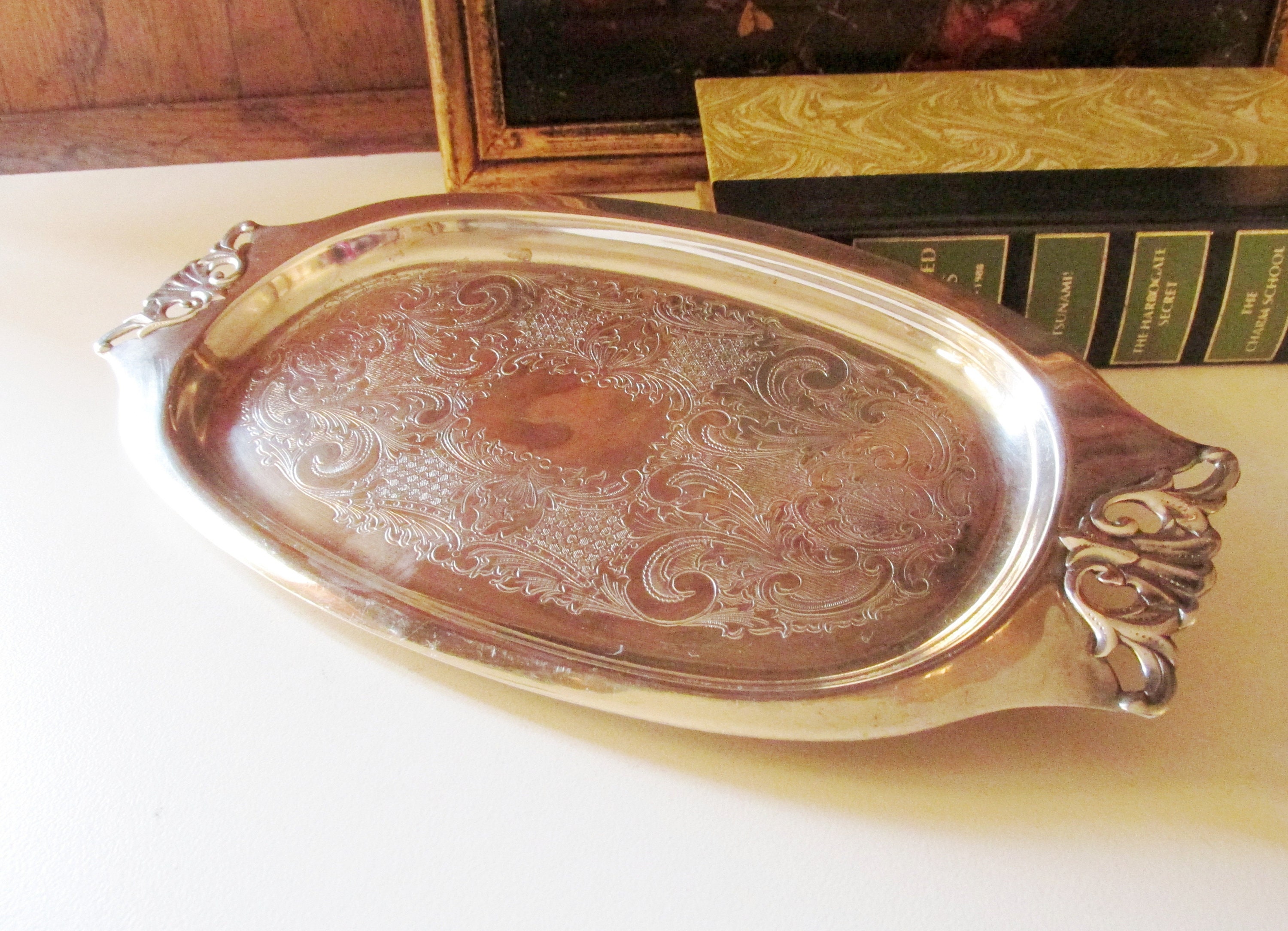 Vintage Silver Plate Tray Sweden Style Etched Valet Tray Relish