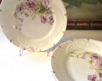 Antique Set of Four German Porcelain Plates, "Chantilly" Small Plates, Lavender Floral Gilded Plates