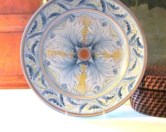 Vintage Manuello Caltagirone Potttery Hand Painted Wall Plate, Handmade Italian Ceramics, Folk Art Pottery Plate, Decorative Lattice Design