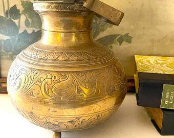 Vintage Boho Chic Etched Brass Footed Jug, Water Pot, Ceremonial Temple Water Vessel With Etched Design, Heavy Brass Vase With Handle