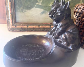Vintage Bronze Finish Dog Ashtray, Cast Metal, Retro Gift For Dog Lover, Library Decor, Home Office Decor, Art Deco