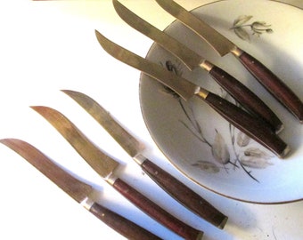 Vintage Set of Six Teak and Brass Cheese Knives, Fruit Knives, Boho Wine and Cheese Party Decor