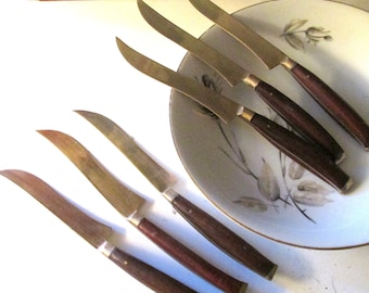 Vintage Set of Six Teak and Brass Cheese Knives, Fruit Knives, Boho Wine and Cheese Party Decor