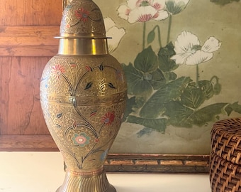 Vintage Ginger Jar, India Brass Etched Vase, Boho Brass Decor, Hollywood Regency,