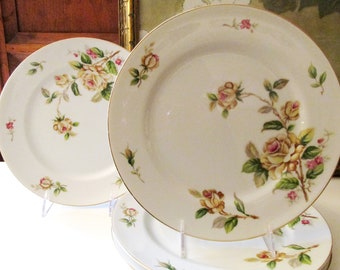 Set of Four Golden Rose By Lynmore China, Dinner Plates, Romantic Dinnerware, Yellow Roses, Cottage Roses,