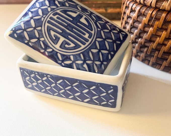 Featured listing image: Vintage Oriental Lidded Box, Double Happiness Blue and White, Chinoiserie Chic Container, Grandmillennial, Hollywood Regency Trinket Box