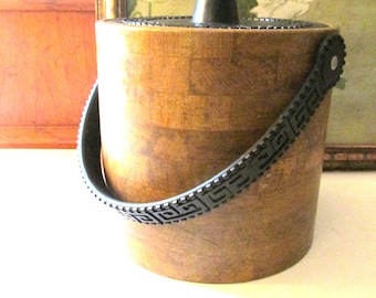 Phoenixware Mid-Century Mod Ice Bucket, Greek Key Design and Vinyl Faux Wood, Vintage Bar Ware,