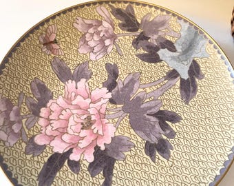 Vintage Oriental Cloisonne Pin Dish, Round Trinket Tray, Chinoiserie Gift, Coffee Table Decor, Pink Peony, Butterfly, Chinese Footed Dish