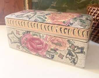 Vintage Boho Roses Macau China,  Hand Painted Lidded Box, Vintage Gift, Grandmillennial Decor, Home Office Decor, Famille Rose Style