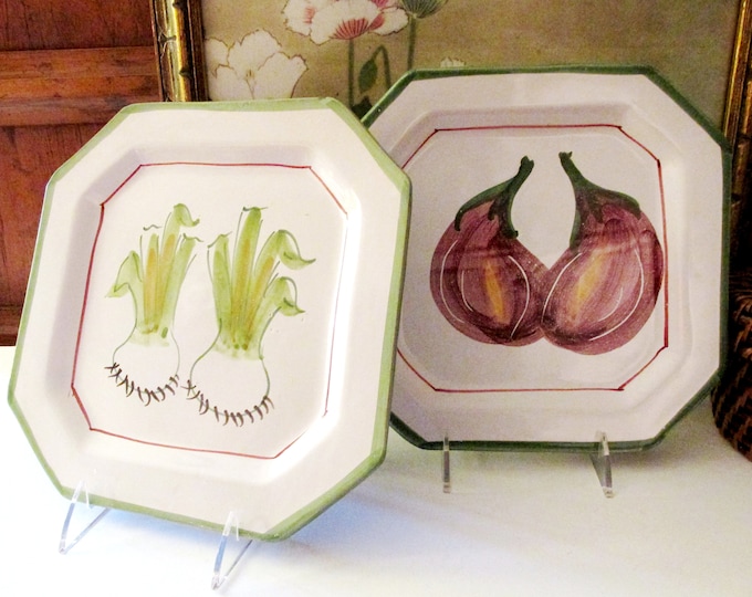 Featured listing image: Vietri Vintage Pair of Italian Vegetable Plates, Vietri Italy Pottery Wall Plates, Eggplant, Leeks, Kitchen Wall Decor, Hand Painted Pottery