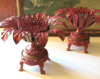 Vintage Pair of Tole Ware Candle Holders, Chinese Red, Hollywood Regency Pillar Candle Holders, Chinoiserie Chic, Holiday Mantel Decor