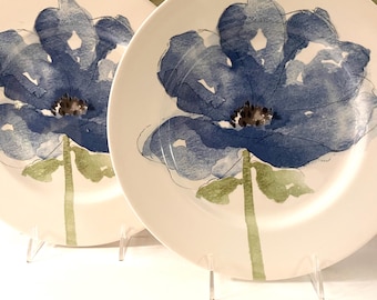 Vintage Pair Royal Stafford Blue Poppy Dinner Plates, Alfresco Dining, Blue and White Decor, Made in England,