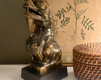 Vintage Thai Celadon Foo Dragon Sculpture, Chinese Guardian Lion, Chinoiserie Chic Decor, Hollywood Regency