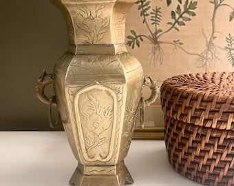 Vintage Chinoiserie Floral Etched Brass Vase, Oriental Decor, Coffee Table Decor