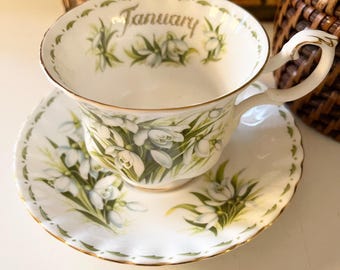 Vintage January Royal Albert England "Snowdrops"  Teacup and Saucer, Flower of the Month Series, Birthday Gift, Mother's Day Tea