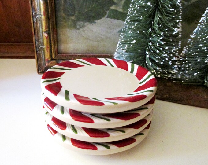 Featured listing image: Four Vintage Longaberger Pottery Coasters, Christmas Coaster, "Peppermint Twist" Red & Green Coasters, NIB