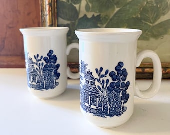 Two Vintage England Blue Willow Mugs, Churchill England Ironstone Coffee or Tea Mugs, Vintage Birthday Gift, Chinoiserie Chic
