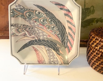 Vintage Macau Hand Painted Peacock Feather Tray, Chinoiserie Decorative Dish, Entry Table Valet, Grandmillennial Decor, Teal and Peach Decor