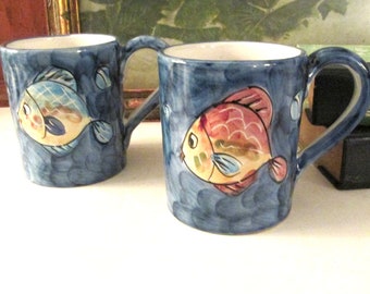 Pair of Vintage Vietri Italy Fish Mugs, Vintage Vietri Mug, Hand Painted Mug, Tropical Beach Mug, Art Pottery Mug