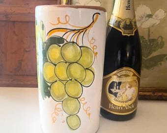 Vintage Italian Hand Painted Pottery Wine Cooler, Grapes and Leaves, Alfresco Dining