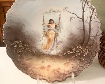 Vintage Antique Victorian Fragonard Style Lady on Swing Large Wall Or Cabinet Plate, Romantic Decor, Girl on Tree Swing, Art Nouveau