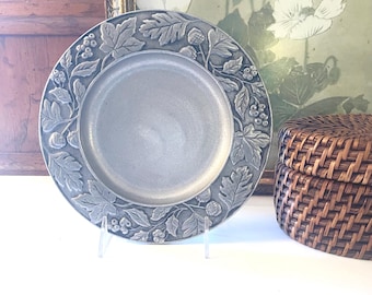 Vintage 2001 Longaberger Round Tray, Embossed Aluminum Candle Tray, Fall Decor, Acorn and Leaves