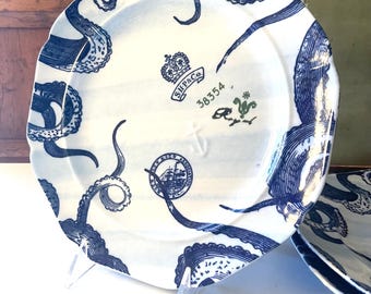 Vintage Anthropologie "From The Deep" Octopus Blue and White Dinner Plate, Beach House Decor,  Wall Gallery Decor