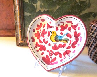 Vintage Deruta Italian Pottery Heart Trinket Tray, Hand Painted Yellow Bird Dish, Valentine Gift, Home Office Decor, Sambuco Mario