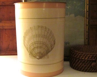 Vintage Peach Sea Shell Decoupage Power Room Wastebasket, Beach Coastal Tole Waste Basket