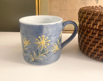 Vintage April Cornell Mug, "Chamonile" Blue and Yellow Flower Mug, Cottage Core
