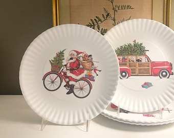 Mary Lake-Thompson Christmas Assorted Holiday Melamine Plates, Santa, Truck, Woodie Wagon, Set of 4