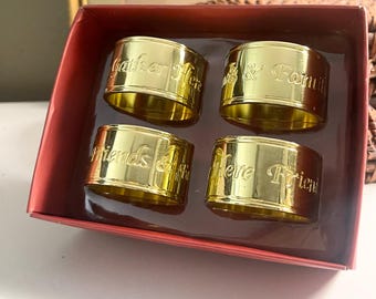 Lenox Set of Four Sentiments Gold Napkin Rings, Family Friends Gather, Holiday Table Decor